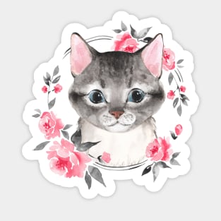 Gray cat with flowers Sticker